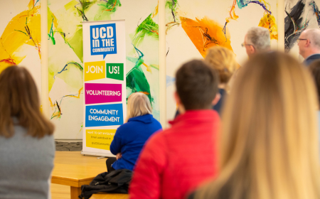 UCD staff and students watching the launch of the UCD Community Engagement Report